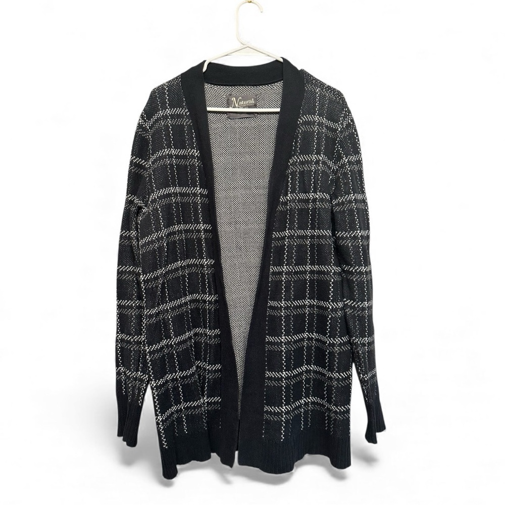 Natural Reflections Gray & Blue Plaid Pattered Knit Open Cardigan Size XL